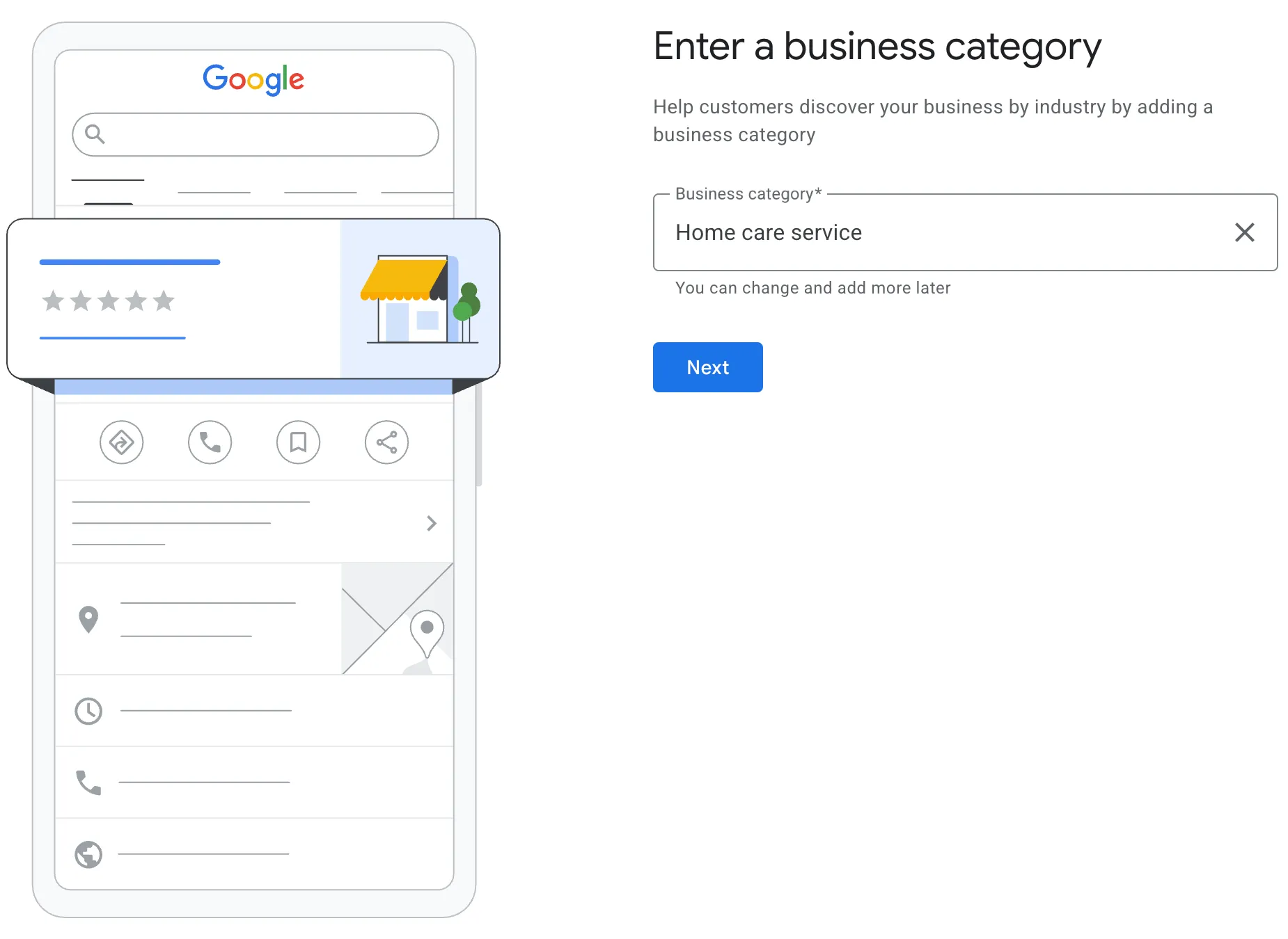 Google Business Profile category screen with Home care service entered