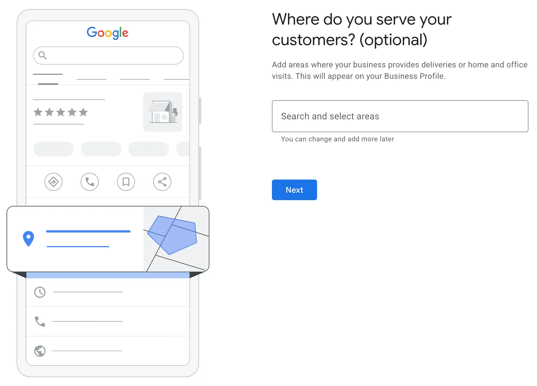 Google Business Profile service area screen asking where you serve your customers